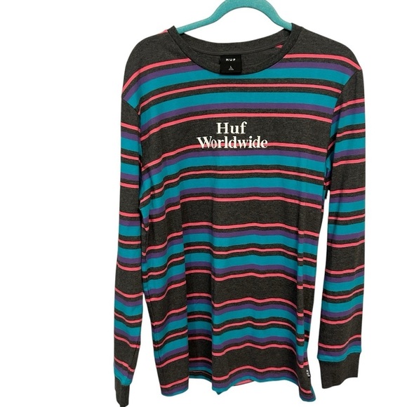HUF Worldwide pastel striped preppy retro cotton tee, unisex, Large - Picture 1 of 8